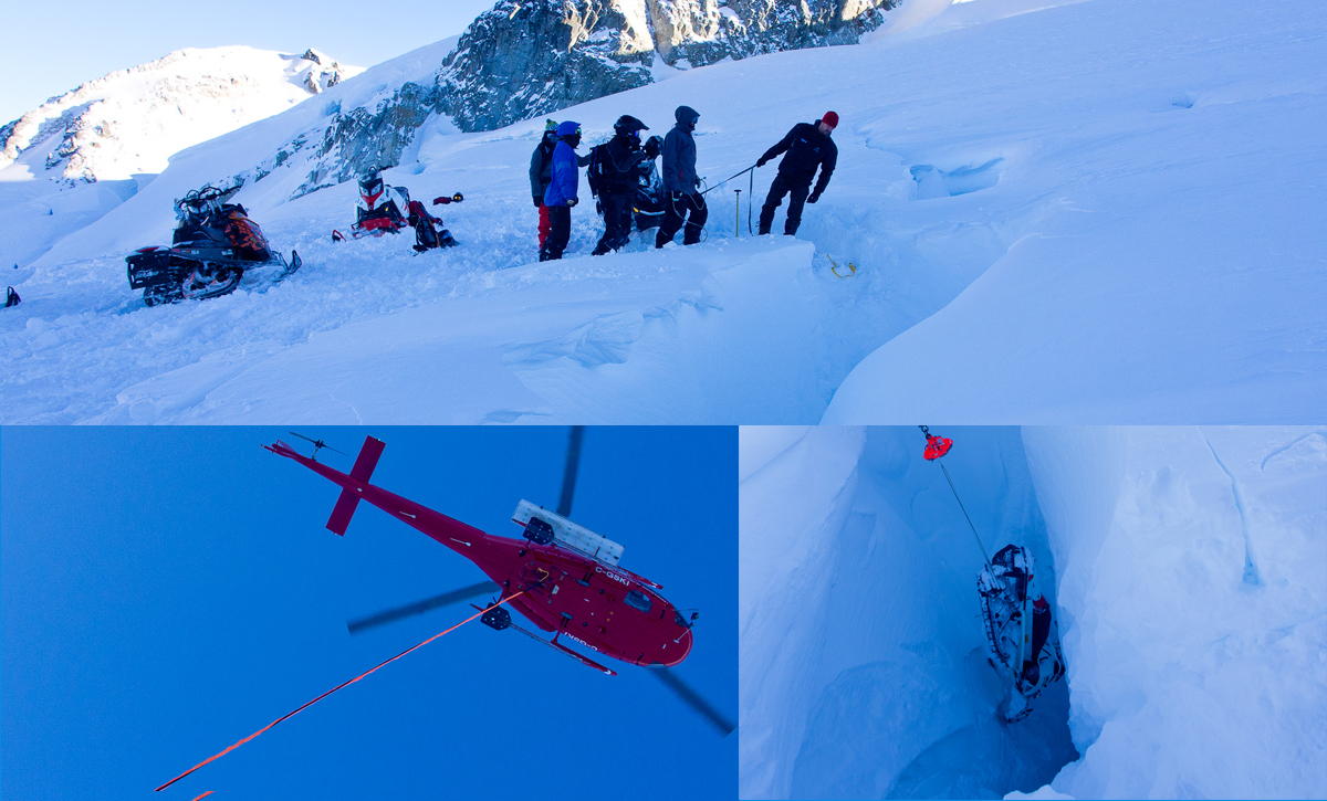 Incredible Photos & Play-By-Play Of A Snowmobile Being Pulled Out Of A Glacier By Helicopter!
